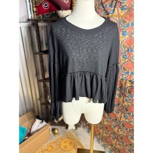 Altar'd State Black Ribbed Peplum Top Long Balloon Sleeve Ruffle Hem Large